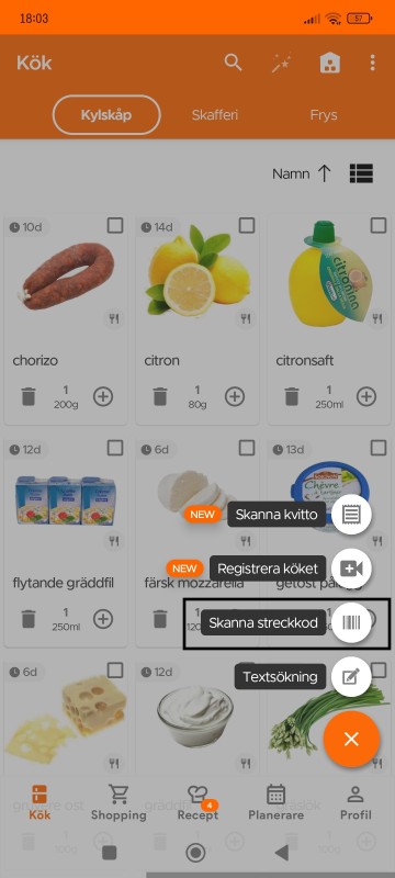 Kitchen page with Scan Barcode option